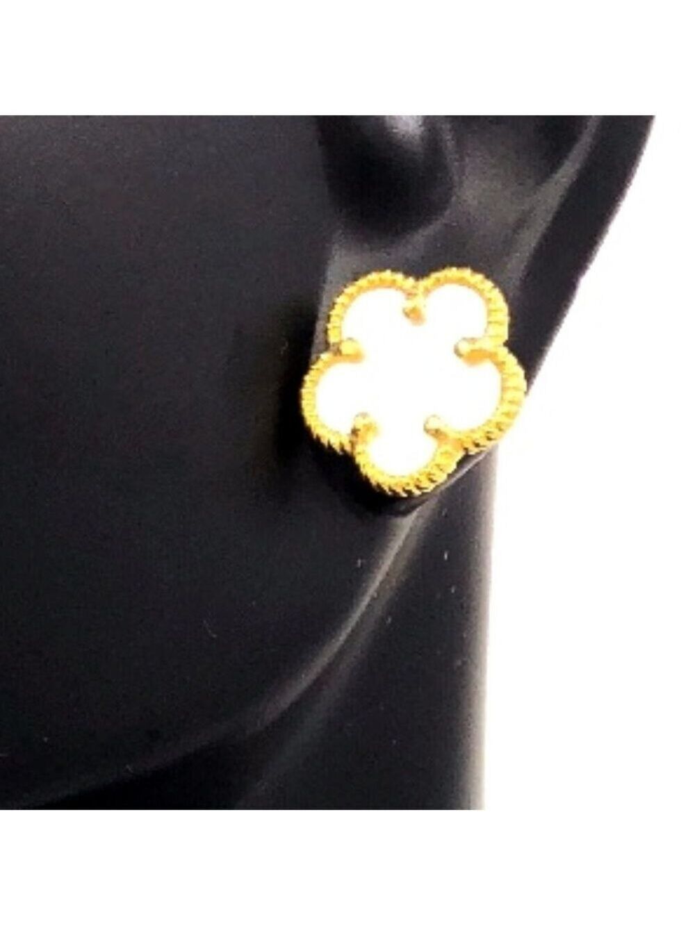 Clover 5 Leave Stud Earrings 18k GP 925 Sterling Silver / Mother of Pearl - Picture 5 of 6
